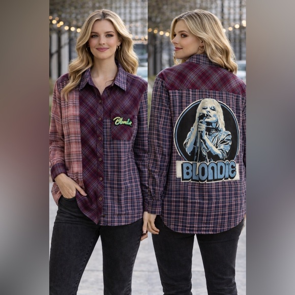 Hand Crafted Tops - Upcycled BLONDIE Graphic Tee On REWIND Mixed Patterns Flannel Shirt Size XL